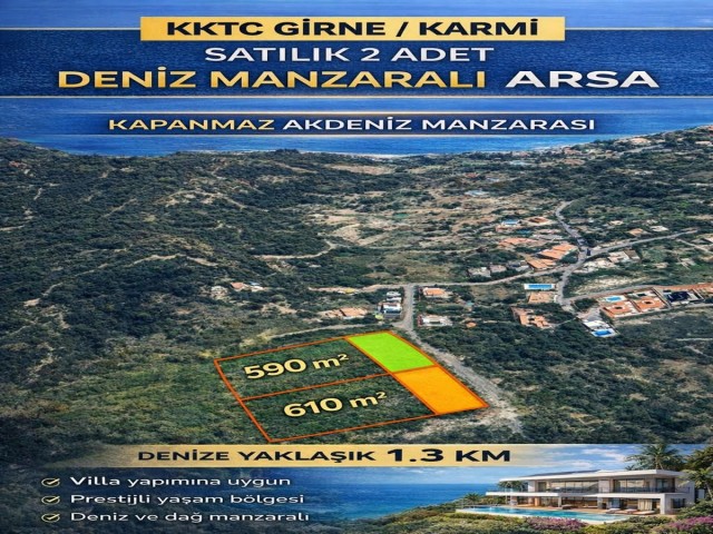 Girne Karmi Bölgesinde Kapanmaz Deniz ve Dağ Manzaralı Villa Yapımına Uygun Satılık Arsa - Fotoğraf 2